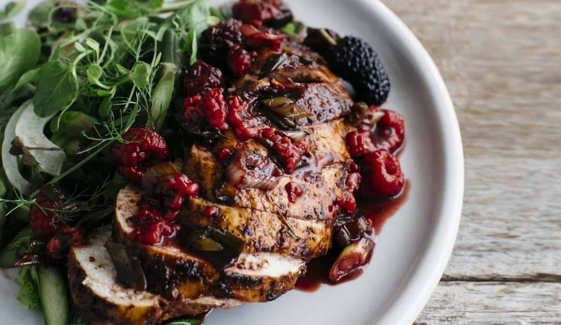 Lemon Seared Chicken with Forest Berries, Chilli and Balsamic Dressing