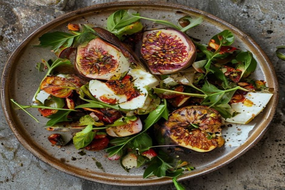 Roasted Vegetable Salad with Baked Fig and Goats Cheese