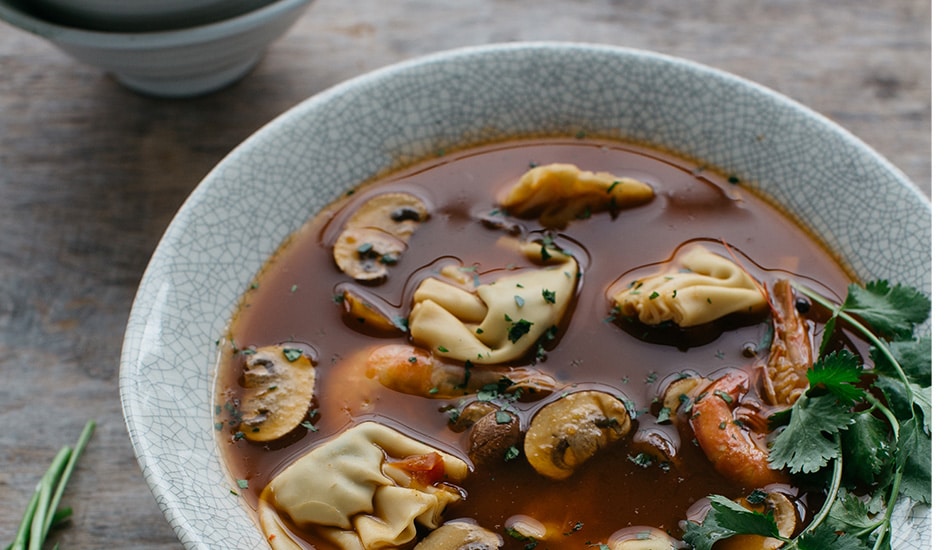 Tom Yum Soup with Chilli Lemongrass Crab Dumplings