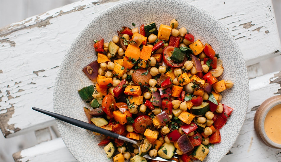 Chickpea and Roasted Vegetable Salad with Red Capsicum Mayo