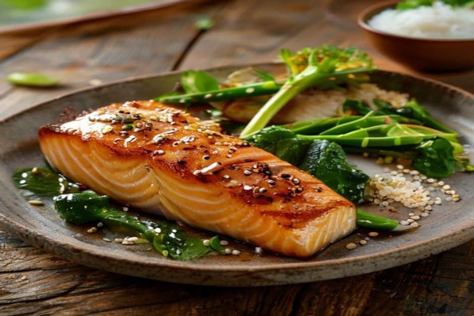 Miso-glazed salmon with greens