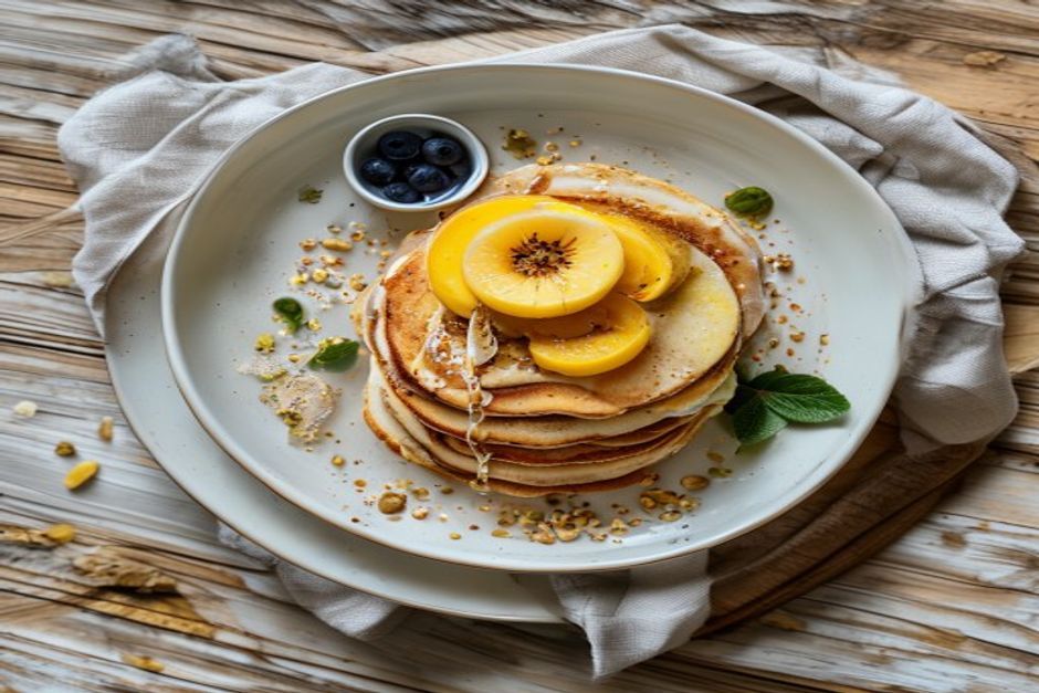 Buckwheat and banana pancakes with toasted seeds