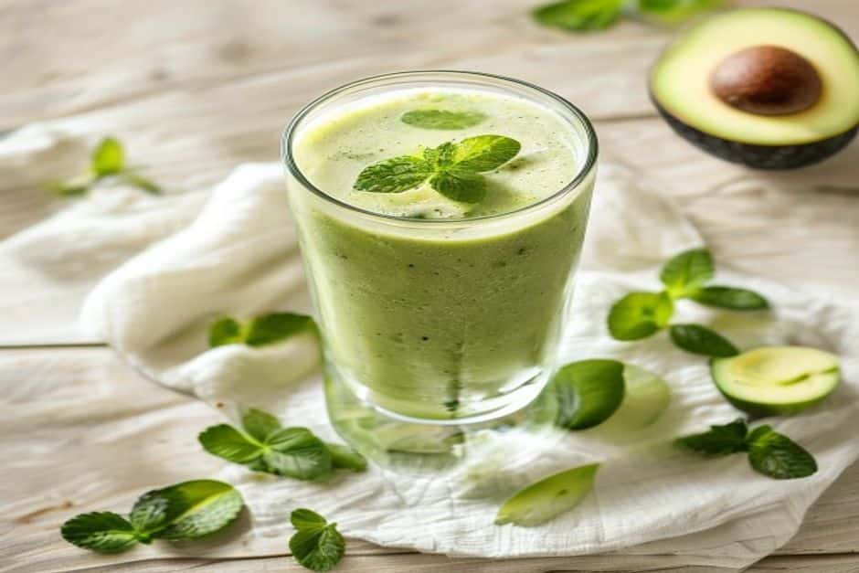 Green breakfast smoothie with avocado and mint