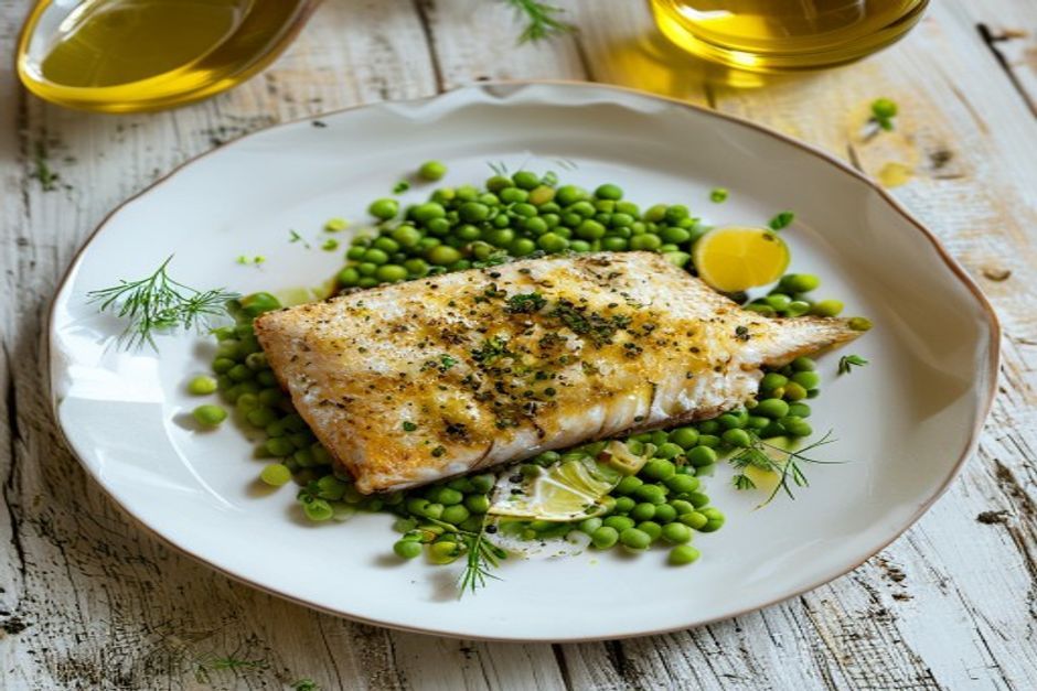 Herb-crusted snapper with crushed peas