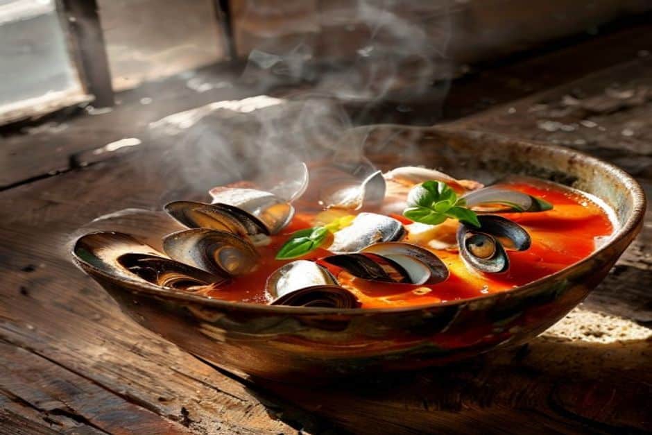 Mussels in tomato and basil broth