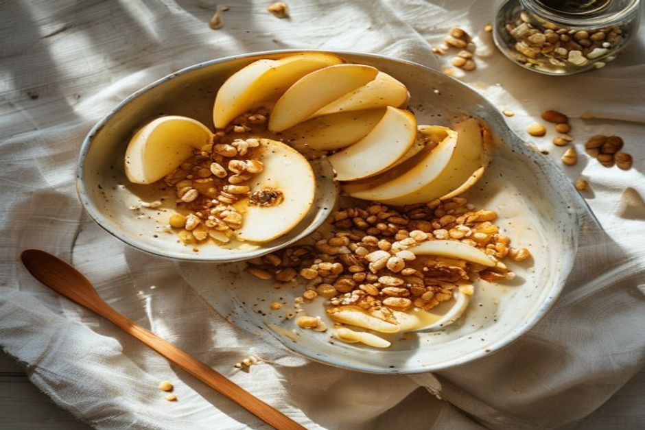 Overnight bircher with grated pear and cinnamon