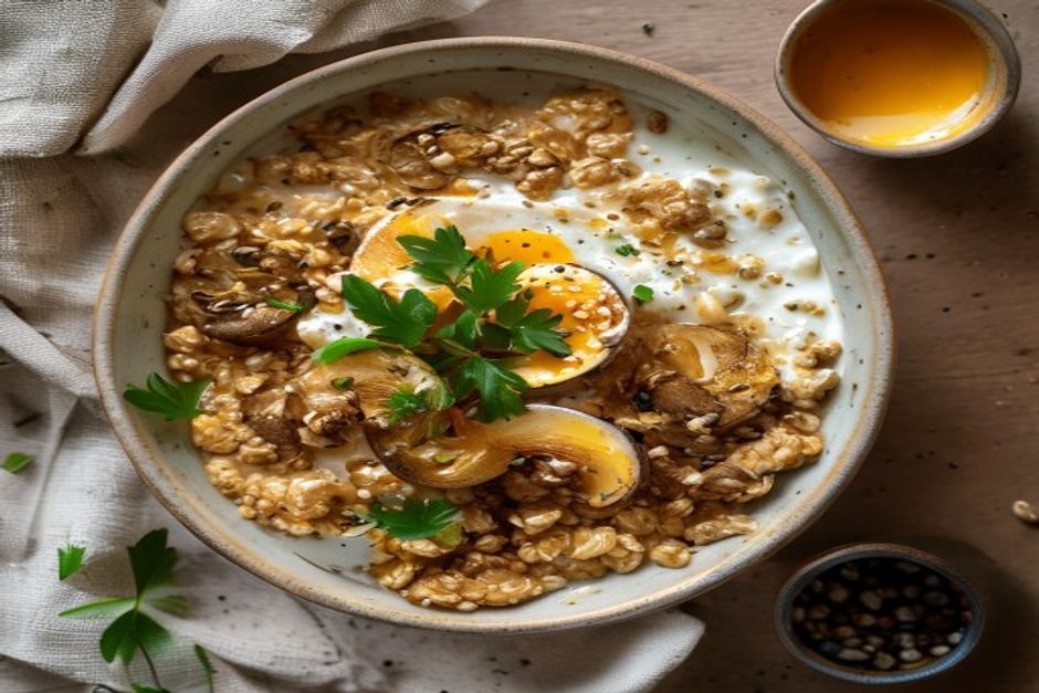 Savoury oats with mushrooms and a soft egg