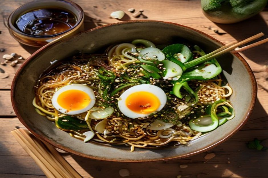 Soba noodle bowl with sesame greens