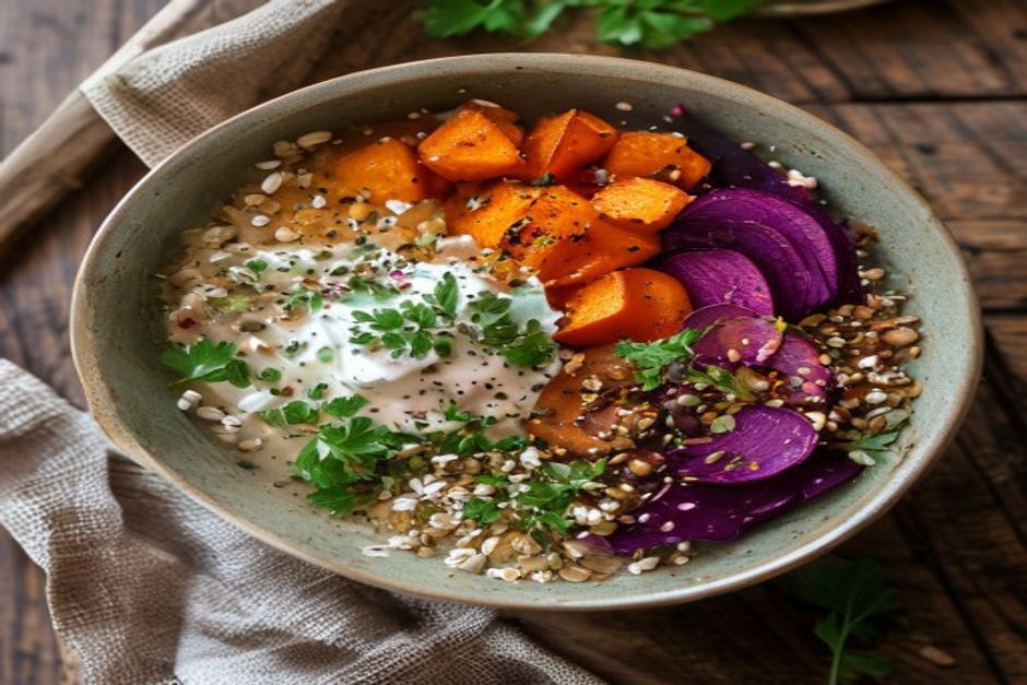 Warm grain bowl with roasted roots and labne