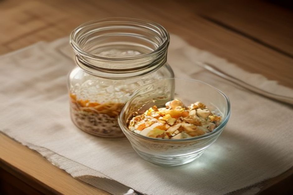 Overnight bircher with grated pear and cinnamon