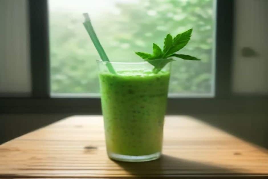 Green breakfast smoothie with avocado and mint, made ahead